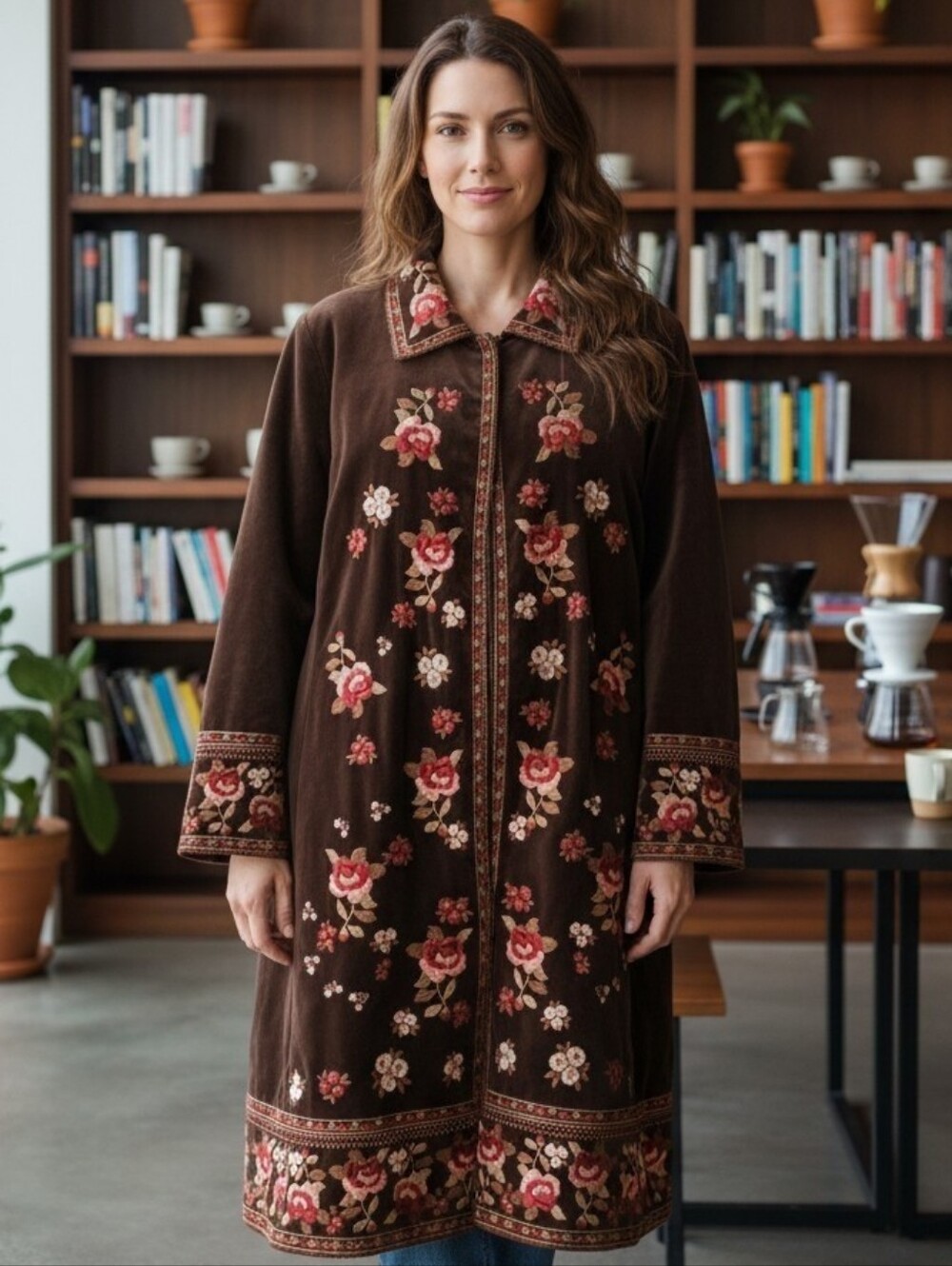 Velour Embroidered Brown Floral Long Robe Coat by Nygard 3076